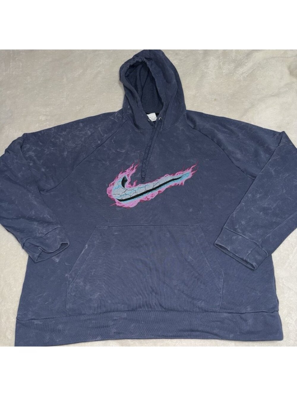 Nike Men's Dri-FIT Fleece Hoodie Vintage Looking Flame Swoosh Blue Size XLarge